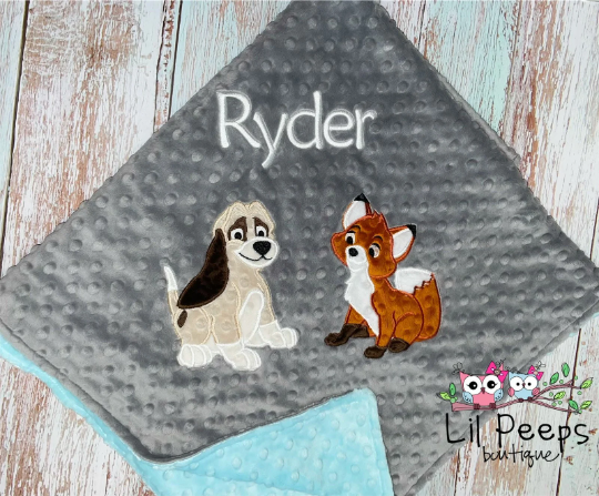 Personalized Fox and the Hound Minky Baby Blanket - Gray and Aqua  Minky - Custom Monogram - Best Friends