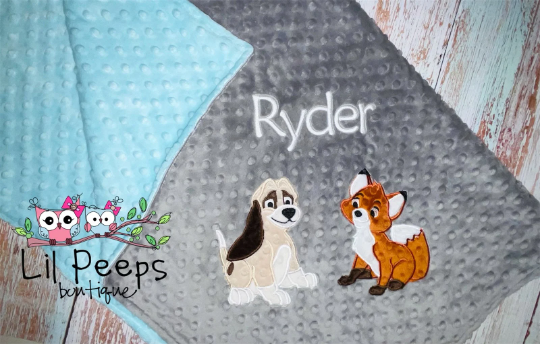 Personalized Fox and the Hound Minky Baby Blanket - Gray and Aqua  Minky - Custom Monogram - Best Friends