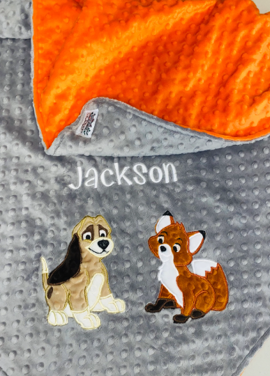 Personalized Fox and the Hound Minky Baby Blanket - Gray and Orange  Minky - Custom Monogram - Best Friends