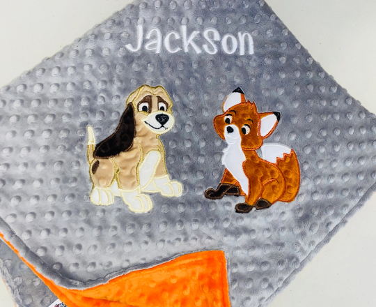 Personalized Fox and the Hound Minky Baby Blanket - Gray and Orange  Minky - Custom Monogram - Best Friends