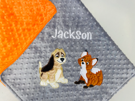 Personalized Fox and the Hound Minky Baby Blanket - Gray and Orange  Minky - Custom Monogram - Best Friends