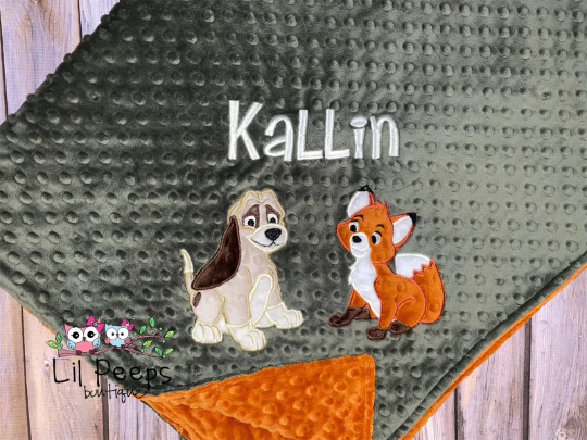 Personalized Fox and the Hound Minky Baby Blanket - Green and Rust Minky - Custom Monogram - Best Friends