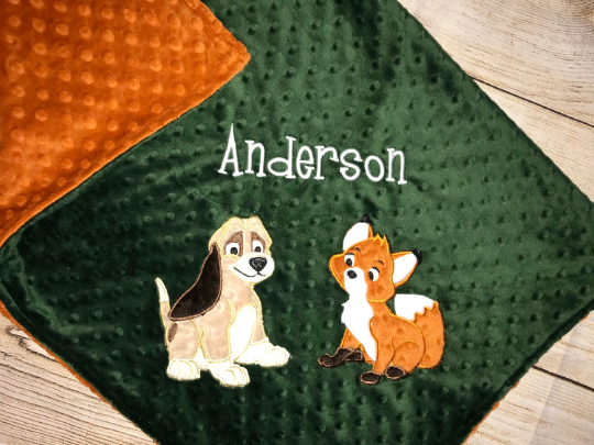 Personalized Fox and the Hound Minky Baby Blanket - Green and Rust Minky - Custom Monogram - Best Friends