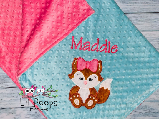 Personalized Girl Fox Minky Baby Blanket - Pink and Aqua  Minky - Custom Monogram