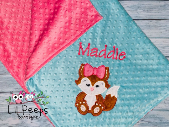 Personalized Girl Fox Minky Baby Blanket - Pink and Aqua  Minky - Custom Monogram