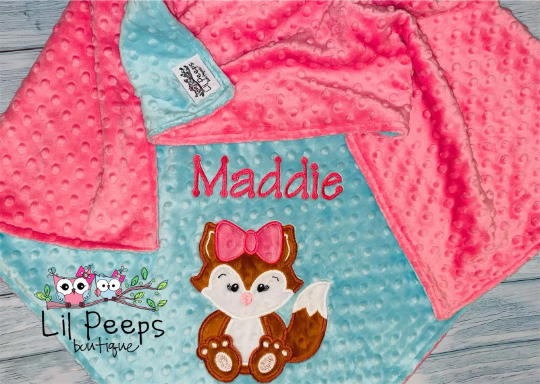 Personalized Girl Fox Minky Baby Blanket - Pink and Aqua  Minky - Custom Monogram