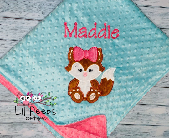 Personalized Girl Fox Minky Baby Blanket - Pink and Aqua  Minky - Custom Monogram