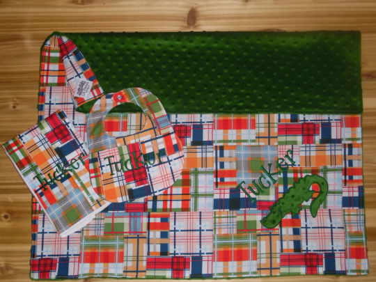 Alligator- Personalized Madras Baby Minky Blanket and Bib & Burp Cloth