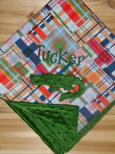 Alligator- Personalized Madras Baby Minky Blanket and Bib & Burp Cloth