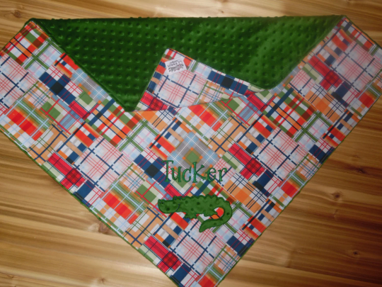 Alligator- Personalized Madras Baby Minky Blanket and Bib & Burp Cloth