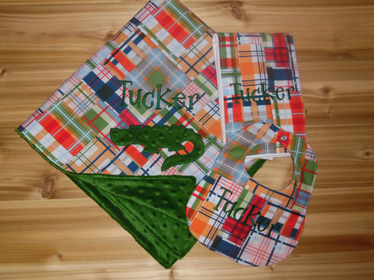 Alligator- Personalized Madras Baby Minky Blanket and Bib & Burp Cloth