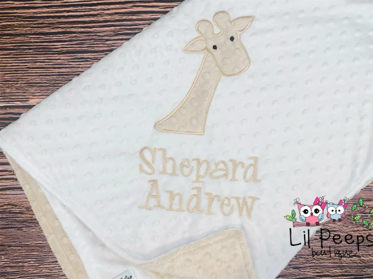 Giraffe- Personalized Minky Baby Blanket - White and Tan Minky - Embroidered Giraffe