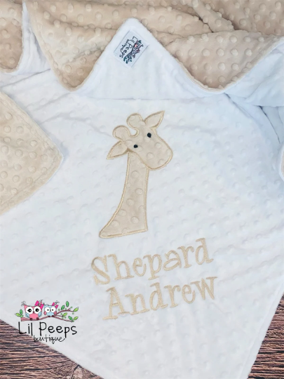 Giraffe- Personalized Minky Baby Blanket - White and Tan Minky - Embroidered Giraffe