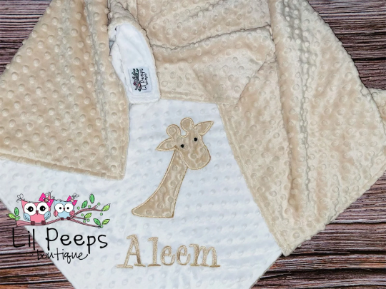 Giraffe- Personalized Minky Baby Blanket - White and Tan Minky - Embroidered Giraffe