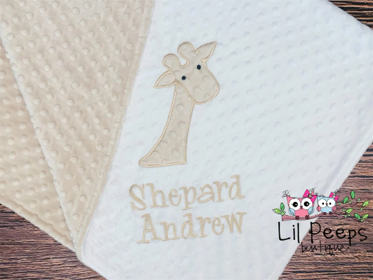 Giraffe- Personalized Minky Baby Blanket - White and Tan Minky - Embroidered Giraffe