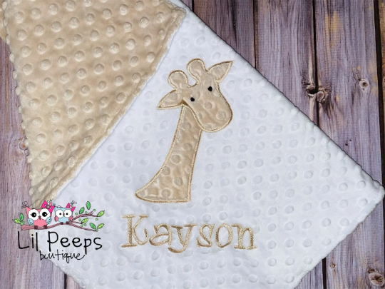 Giraffe- Personalized Minky Baby Blanket - White and Tan Minky - Embroidered Giraffe