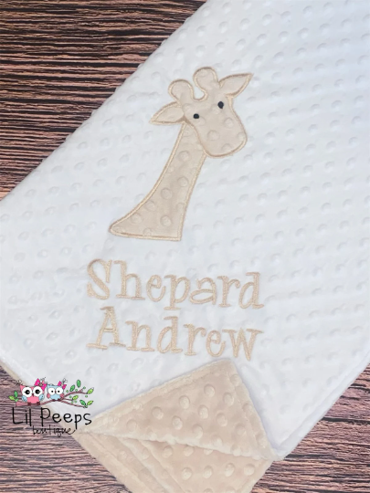 Giraffe- Personalized Minky Baby Blanket - White and Tan Minky - Embroidered Giraffe