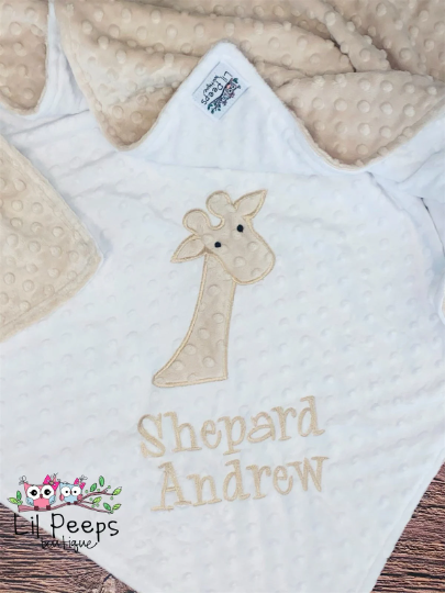 Giraffe- Personalized Minky Baby Blanket - White and Tan Minky - Embroidered Giraffe