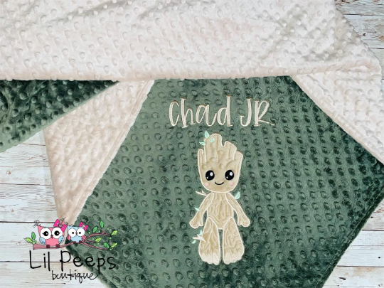 Personalized Groot Minky Baby Blanket - Tan and Green Minky - Custom Monogram