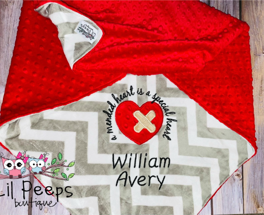 Heart with Bandaids - CHD- Personalized Minky Baby Blanket - Silver Chevron Minky/ Red Minky - Embroidered Wounded Heart