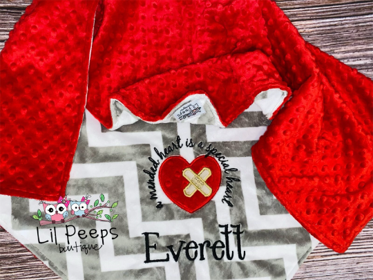 Heart with Bandaids - CHD- Personalized Minky Baby Blanket - Silver Chevron Minky/ Red Minky - Embroidered Wounded Heart