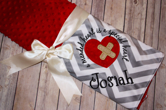 Heart with Bandaids - CHD- Personalized Minky Baby Blanket - Silver Chevron Minky/ Red Minky - Embroidered Wounded Heart