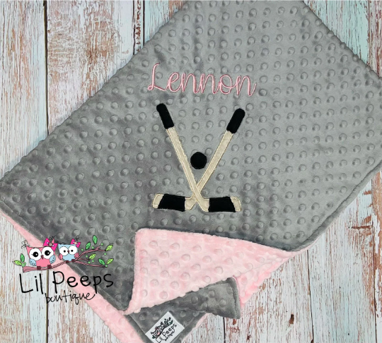 Personalized Baby Blanket -  Gray / Pink Minky - Embroidered Hockey Sticks