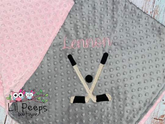 Personalized Baby Blanket -  Gray / Pink Minky - Embroidered Hockey Sticks