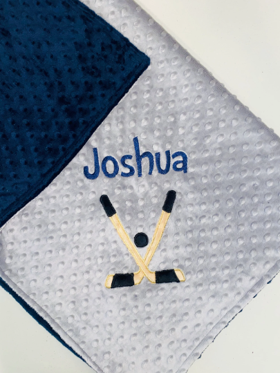 Personalized Baby Blanket -  Gray / Navy Minky - Embroidered Hockey Sticks