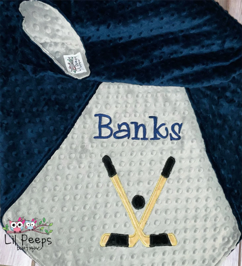 Personalized Baby Blanket -  Gray / Navy Minky - Embroidered Hockey Sticks