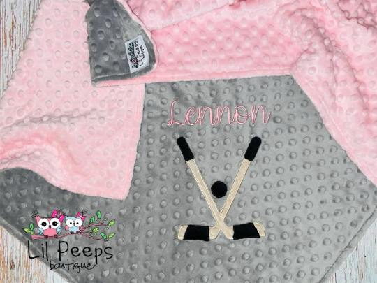 Personalized Baby Blanket -  Gray / Pink Minky - Embroidered Hockey Sticks