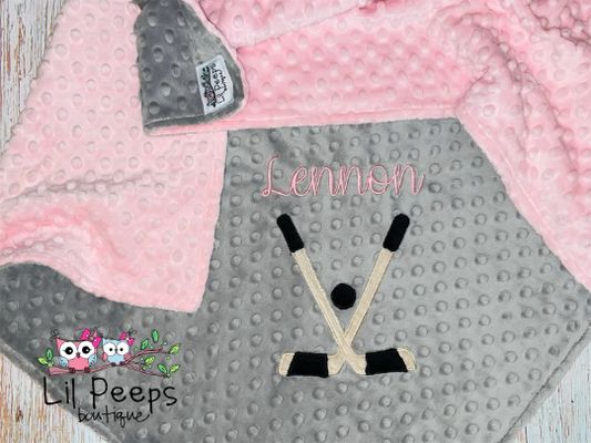 Personalized Baby Blanket -  Gray / Pink Minky - Embroidered Hockey Sticks