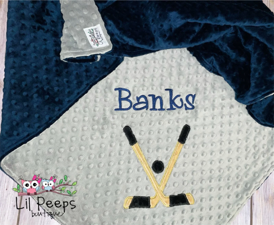 Personalized Baby Blanket -  Gray / Navy Minky - Embroidered Hockey Sticks