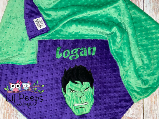 Personalized Hulk Minky Blanket -  Purple and Green Minky - Custom Monogram