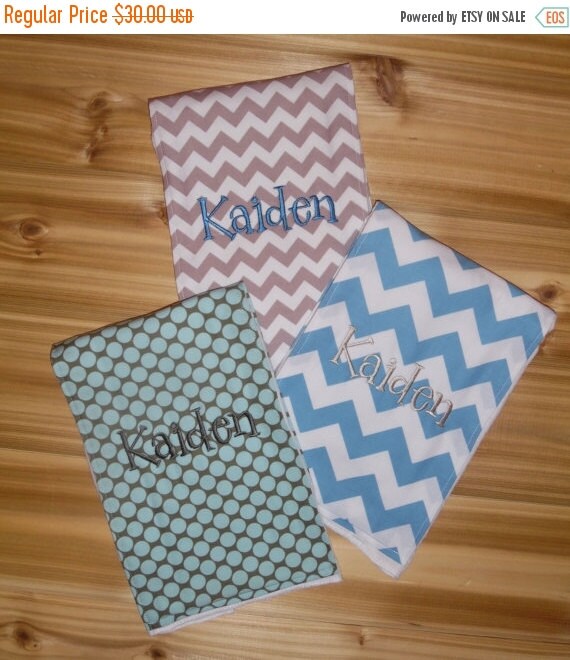 Personalized Burp Cloth Set of 3 - Grey Chevron, Blue Slate Polka Dots, Blue Chevron