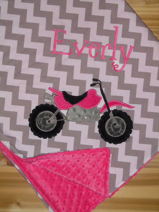 Dirt Bike- Personalized Minky Baby Blanket - Gray Chevron / Pink Minky - Embroidered Dirt Bike