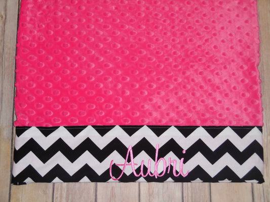 Personalized Minky Pillowcase  - Fuchsia Minky with Black and White Chevron