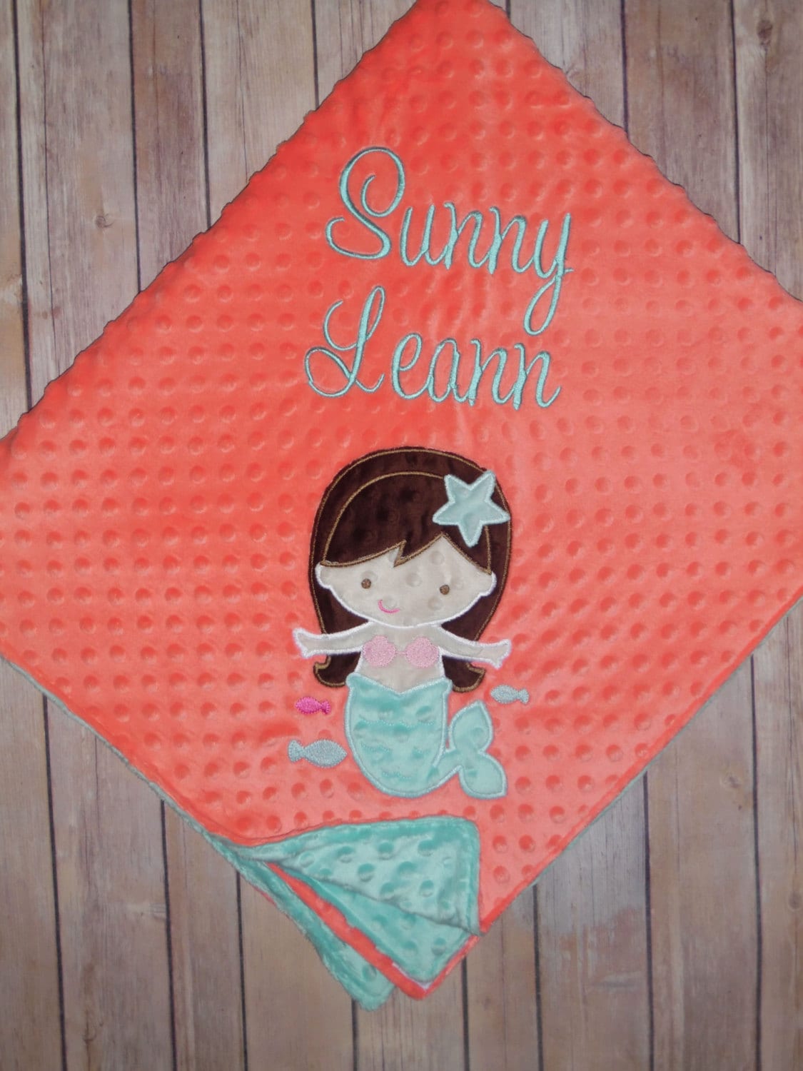 Mermaid- Personalized Minky Baby Blanket - Coral / Aqua  Minky - Embroidered Mermaid