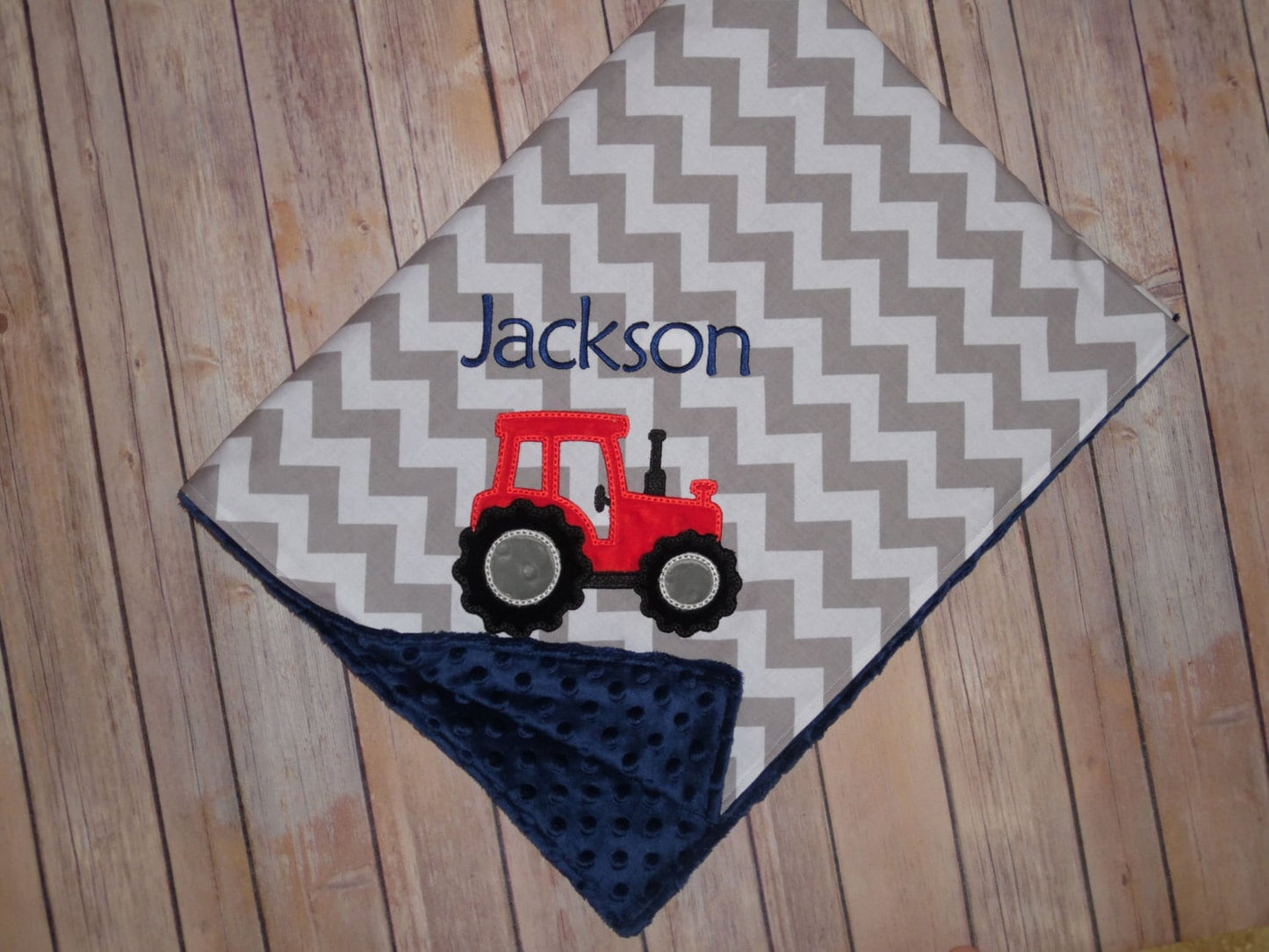 Tractor - Chevron & Minky Baby Blanket with Embroidered Tractor