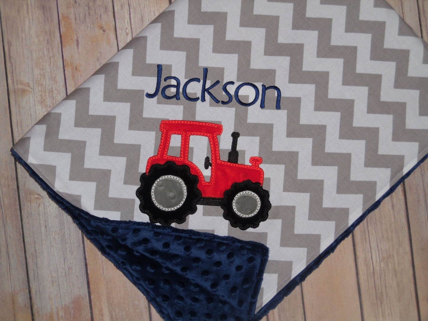 Tractor - Chevron & Minky Baby Blanket with Embroidered Tractor