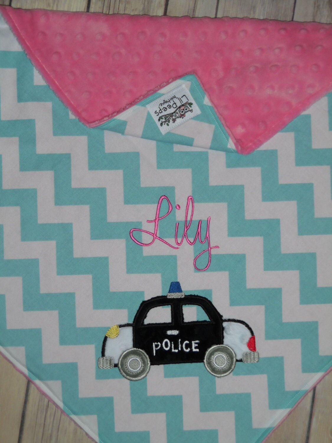 Police Car -Aqua Chevron & Pink Minky Baby Blanket with Embroidered Police Car