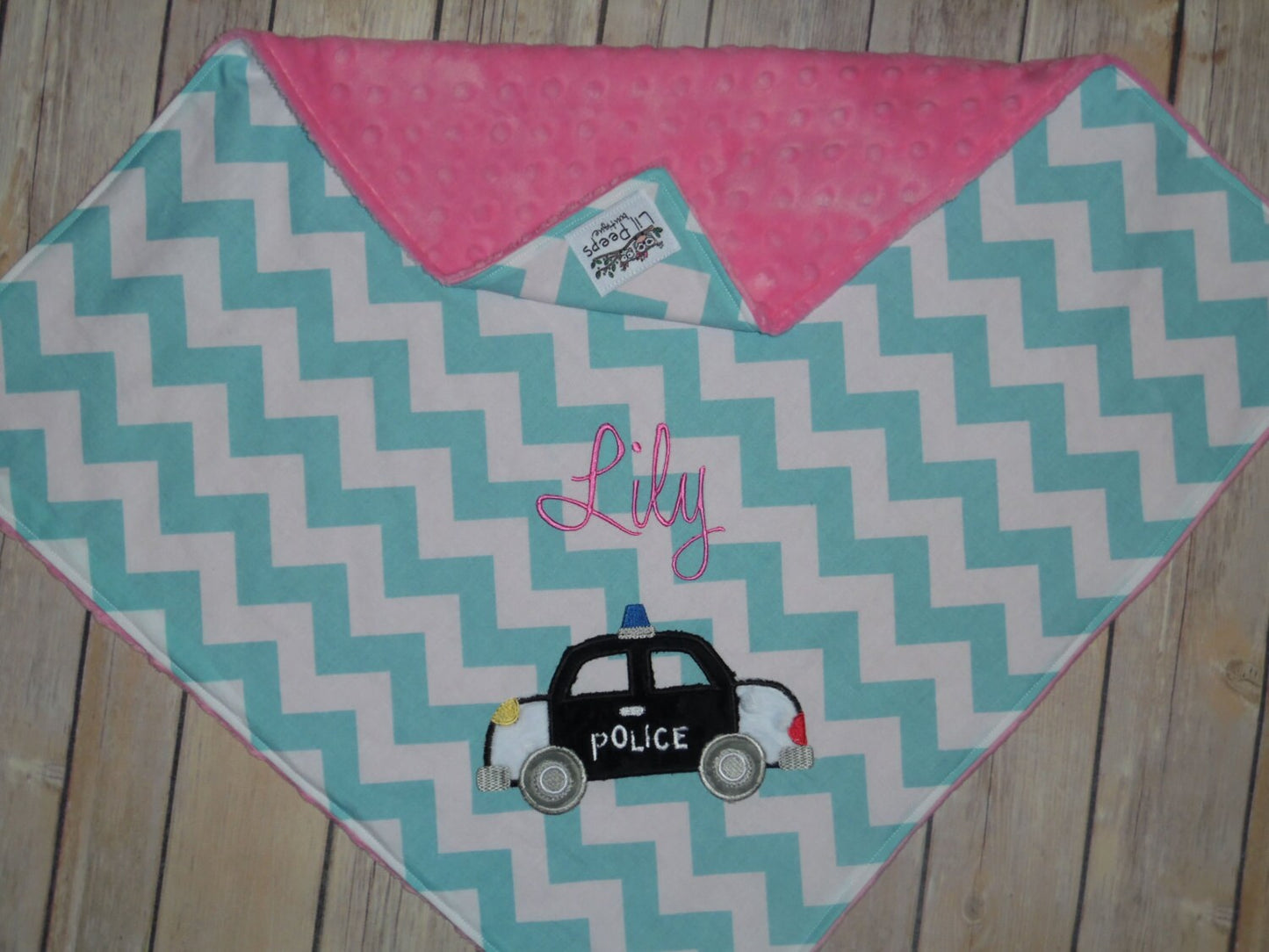 Police Car -Aqua Chevron & Pink Minky Baby Blanket with Embroidered Police Car