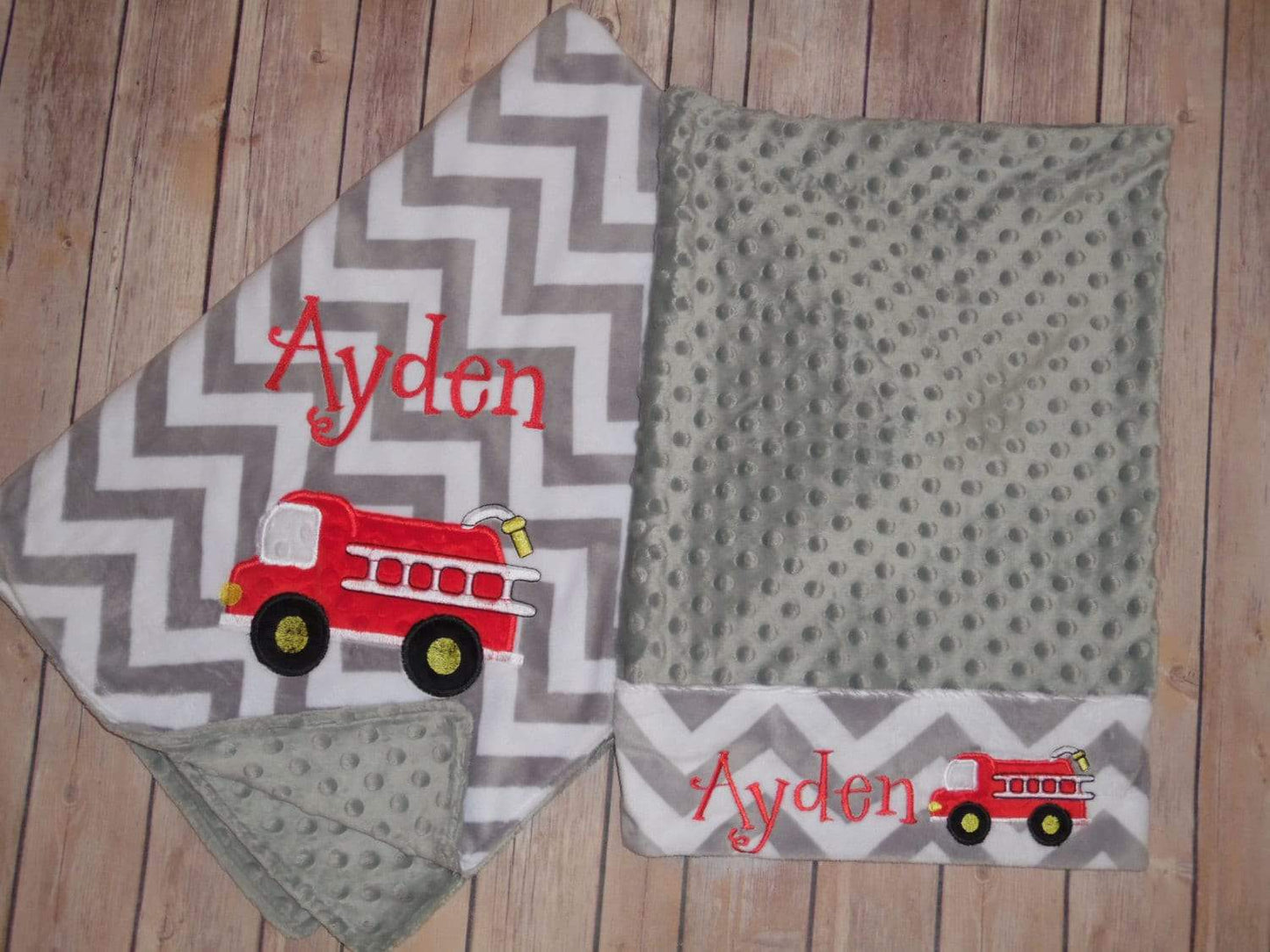 Firetruck Nap Set - Personalized Minky Blanket and Pillowcase with embroidered Firetruck - Travel or Standard Size