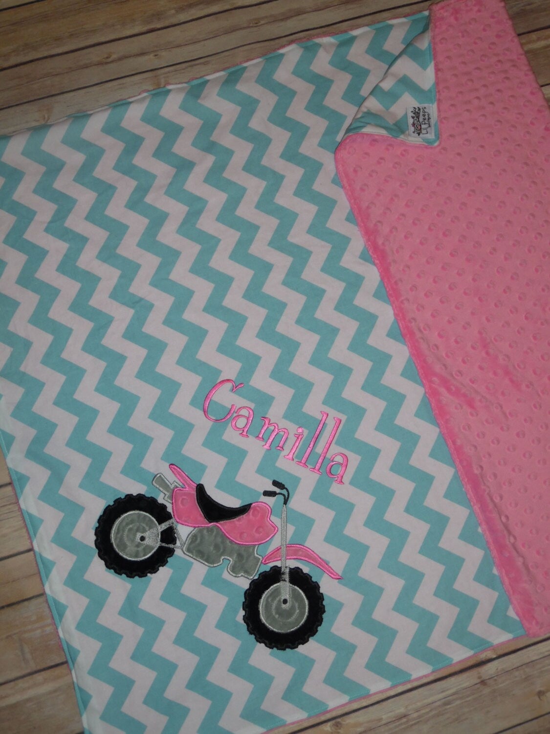 Dirt Bike- Personalized Minky Baby Blanket - Aqua Chevron / Pink Minky Minky - Embroidered Dirt Bike