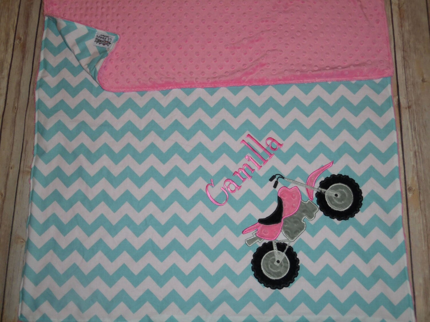 Dirt Bike- Personalized Minky Baby Blanket - Aqua Chevron / Pink Minky Minky - Embroidered Dirt Bike