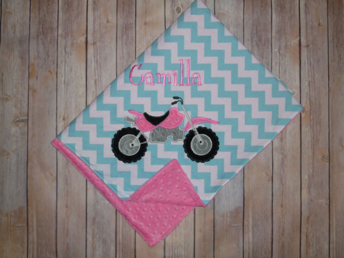 Dirt Bike- Personalized Minky Baby Blanket - Aqua Chevron / Pink Minky Minky - Embroidered Dirt Bike