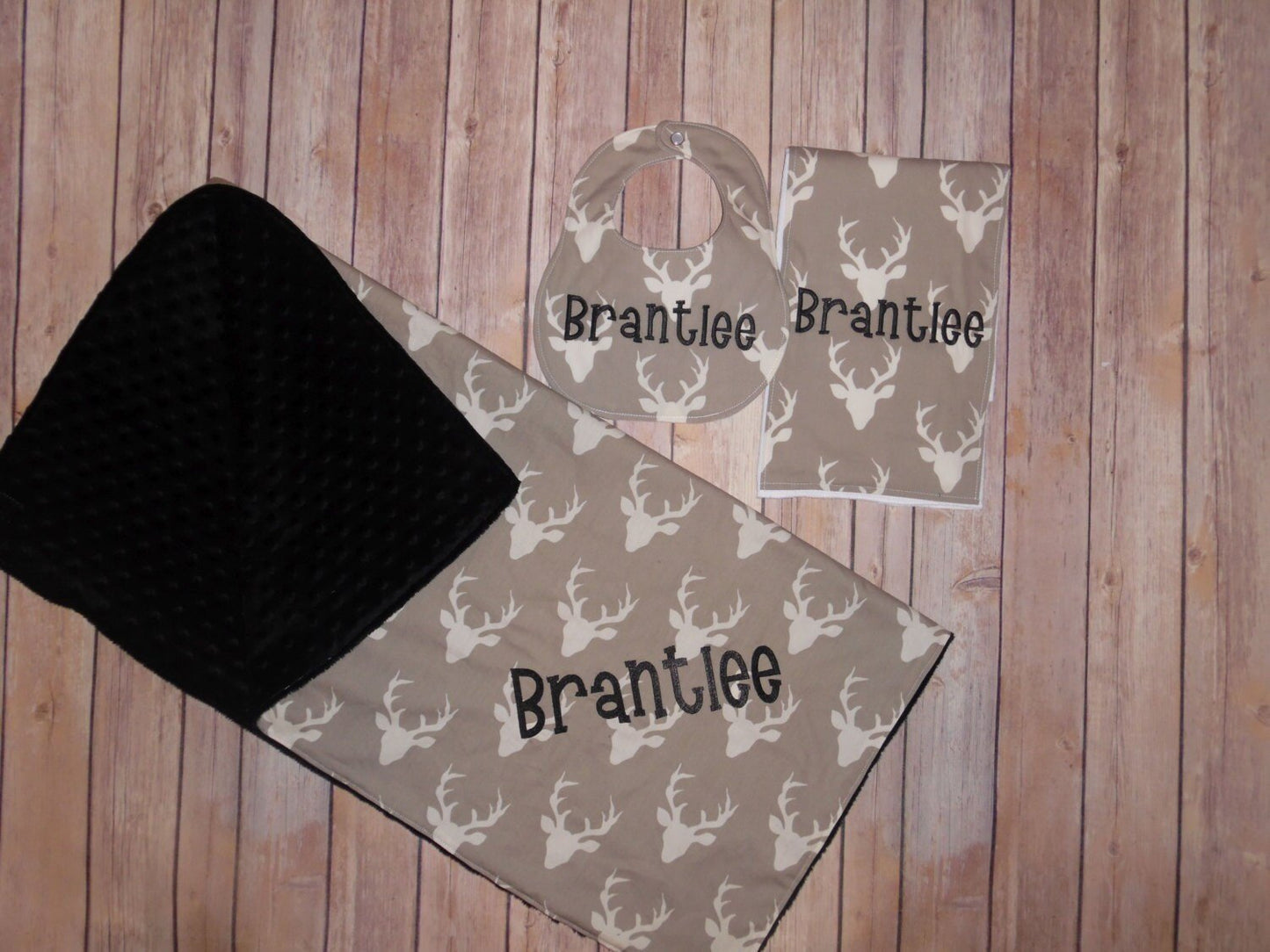 Buck / Deer- Personalized Baby Minky Blanket and Bib & Burp Cloth