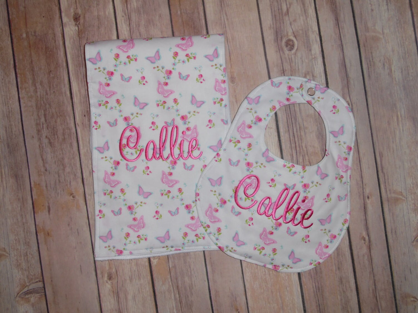 Butterfly Baby Girl Gift Set! Personalized Butterfly Fabric Print and Lavender Minky Blanket, Bib & Burp Cloth