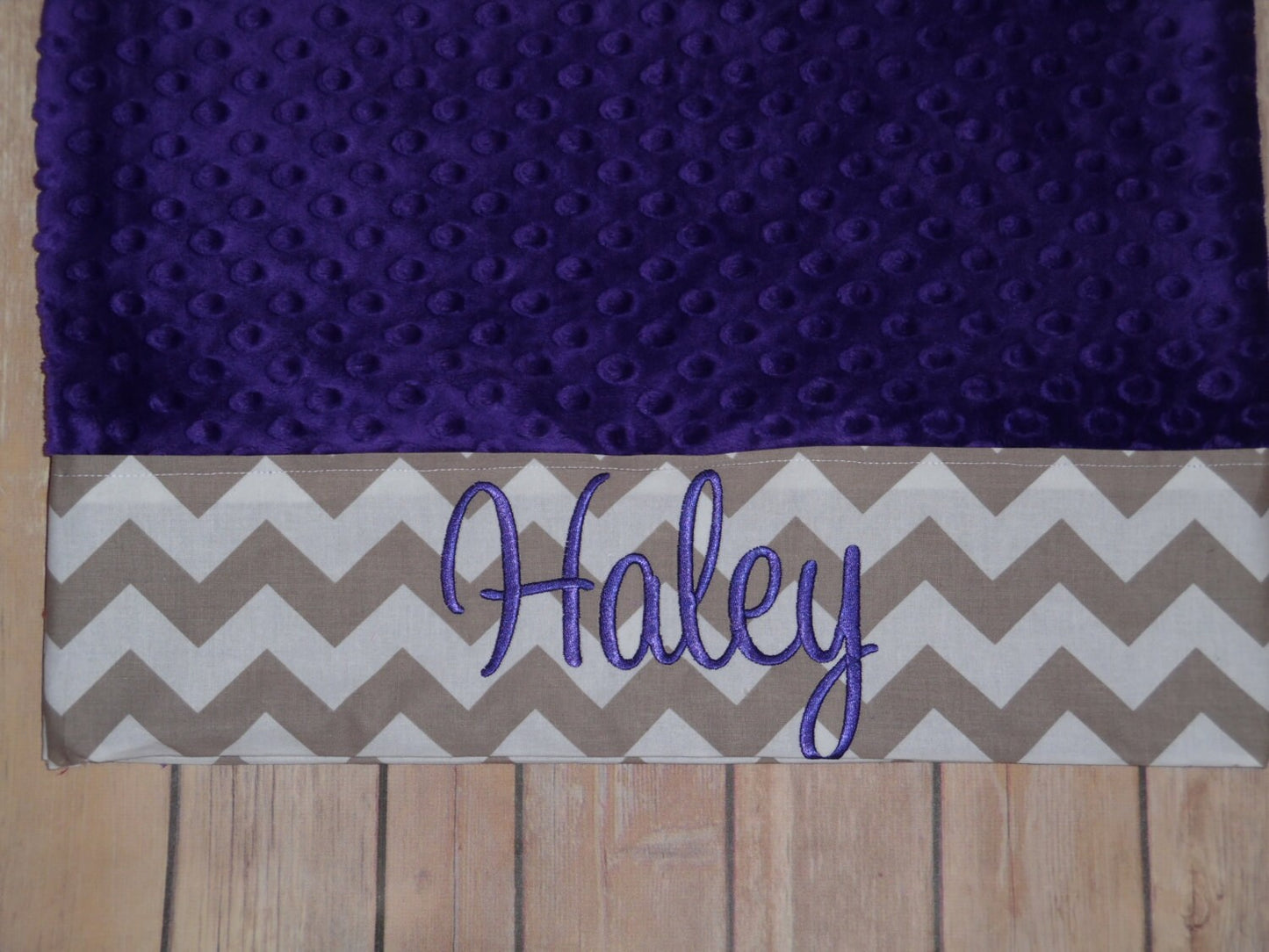 Personalized Minky Pillowcase  - Purple minky & Gray Chevron Trim