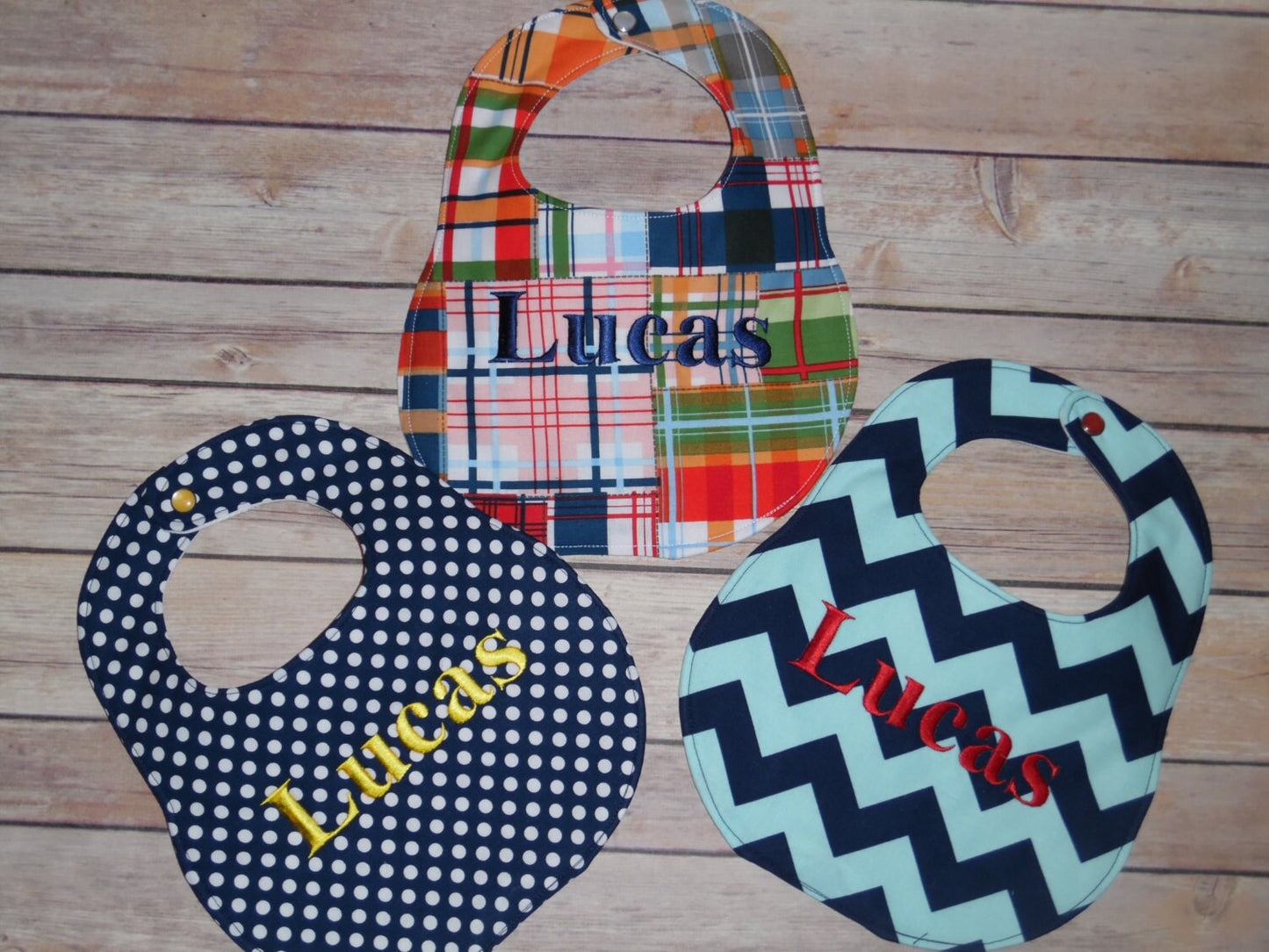 Set of 3 Personalized bibs - Madras, Navy Polka Dots, Navy and Aqua Chevron